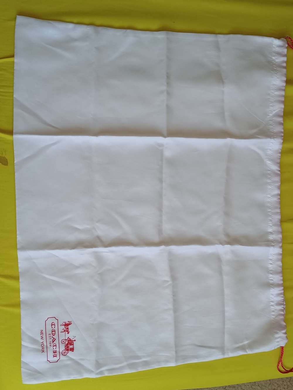 white Coach dust cover bag with a red branded logo and drawstring. Size 24X19